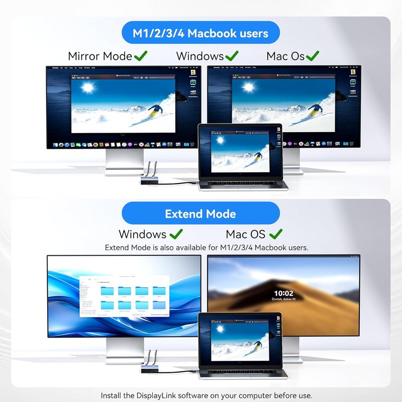 Acasis USB C to Dual HDMI DisplayLink Adapter, 4K@60Hz, 2 HDMI & 3 USB-A Ports, 100W PD Charging, USB C DisplayLink Docking Station for Mac M1/M2/M3/Windows,USB A/C to Dual Monitor Adapter - Image 5